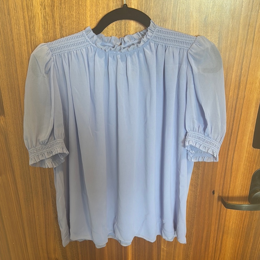 Aritzia Wilfred Blue Puff Sleeve Ruffled Blouse